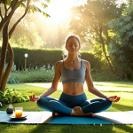 **"Woman practicing yoga at sunrise in a serene garden, sunlight streaming through trees, healthy breakfast and a glass of water nearby, depicting well-being and calmness"**