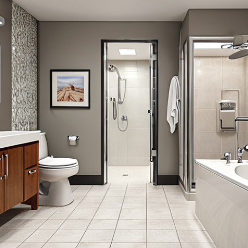 **Accessible Bathroom:** A brightly lit, modern bathroom designed for accessibility. Features include grab bars near the toilet and shower, a shower chair, an adjustable mirror, and easy-to-reach faucets. The overall aesthetic should be clean and inviting, promoting independence and safety.