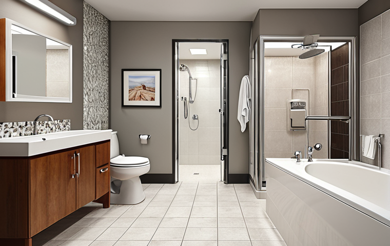 **Accessible Bathroom:** A brightly lit, modern bathroom designed for accessibility. Features include grab bars near the toilet and shower, a shower chair, an adjustable mirror, and easy-to-reach faucets. The overall aesthetic should be clean and inviting, promoting independence and safety.