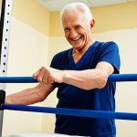 **Image:** A physical therapist guiding a senior man with Parkinson's disease through balance exercises in a bright, modern rehabilitation center. The man is smiling slightly, with a determined expression. Focus on the therapist's supportive touch and the use of assistive equipment like parallel bars. The scene conveys hope and empowerment.