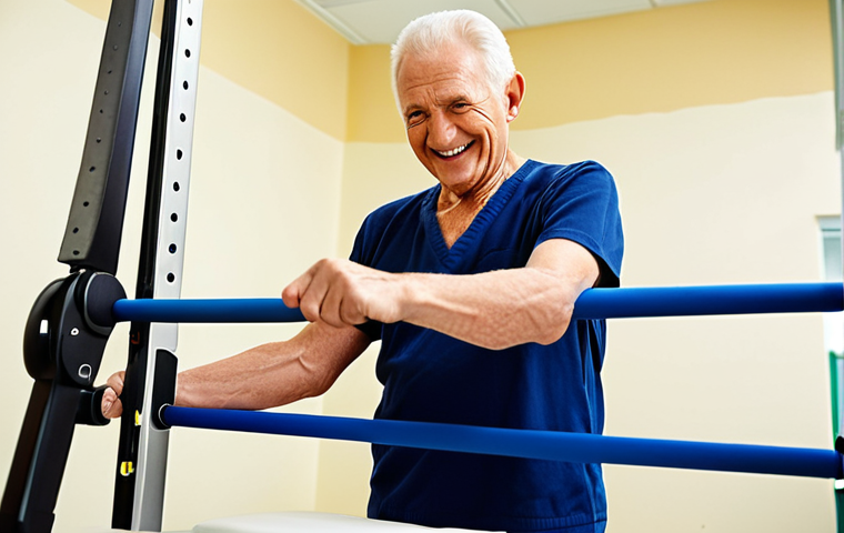 **Image:** A physical therapist guiding a senior man with Parkinson's disease through balance exercises in a bright, modern rehabilitation center. The man is smiling slightly, with a determined expression. Focus on the therapist's supportive touch and the use of assistive equipment like parallel bars. The scene conveys hope and empowerment.