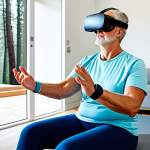 A middle-aged individual, fully clothed in comfortable, modest athletic wear, sits in a modern, brightly lit home rehabilitation space. They are wearing a discreet wearable device on their wrist and are engaged in a virtual reality exercise, with a subtle VR headset on, displaying a serene virtual forest path. The individual is performing a gentle balance exercise with a natural pose, demonstrating perfect anatomy and correct proportions. A large screen in the background displays tele-rehabilitation instructions from a professional therapist, reinforcing a sense of technological advancement and personalized care. The atmosphere is optimistic and empowering, showcasing professional photography, high-resolution detail, and vibrant colors. Appropriate content, safe for work, family-friendly.
