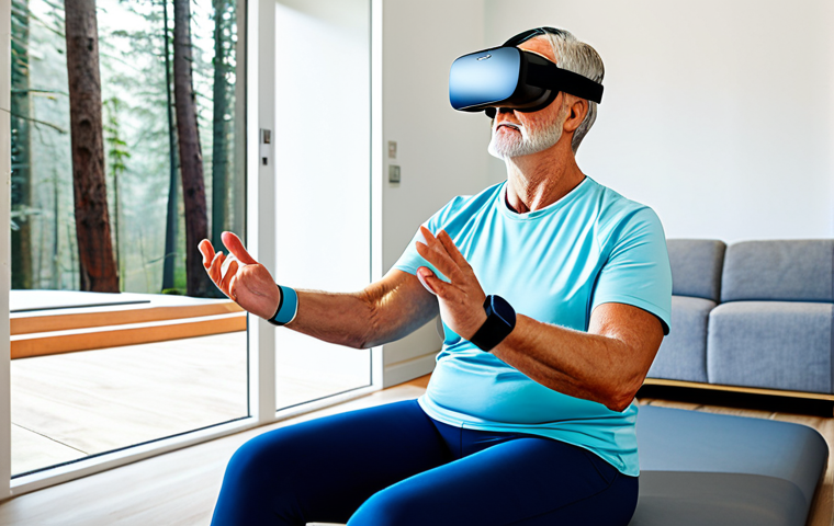 A middle-aged individual, fully clothed in comfortable, modest athletic wear, sits in a modern, brightly lit home rehabilitation space. They are wearing a discreet wearable device on their wrist and are engaged in a virtual reality exercise, with a subtle VR headset on, displaying a serene virtual forest path. The individual is performing a gentle balance exercise with a natural pose, demonstrating perfect anatomy and correct proportions. A large screen in the background displays tele-rehabilitation instructions from a professional therapist, reinforcing a sense of technological advancement and personalized care. The atmosphere is optimistic and empowering, showcasing professional photography, high-resolution detail, and vibrant colors. Appropriate content, safe for work, family-friendly.