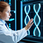 A professional biomedical researcher, fully clothed in a clean lab coat, observing a glowing holographic DNA helix in a futuristic, state-of-the-art laboratory. The background features advanced robotics and touch screens displaying complex genetic data. The scene emphasizes innovation and hope for genetic therapies, with perfect anatomy, correct proportions, well-formed hands, and natural pose. The image is safe for work, appropriate content, and family-friendly, professional photography, high quality.