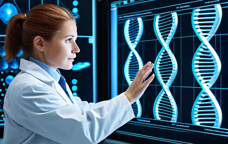 A professional biomedical researcher, fully clothed in a clean lab coat, observing a glowing holographic DNA helix in a futuristic, state-of-the-art laboratory. The background features advanced robotics and touch screens displaying complex genetic data. The scene emphasizes innovation and hope for genetic therapies, with perfect anatomy, correct proportions, well-formed hands, and natural pose. The image is safe for work, appropriate content, and family-friendly, professional photography, high quality.