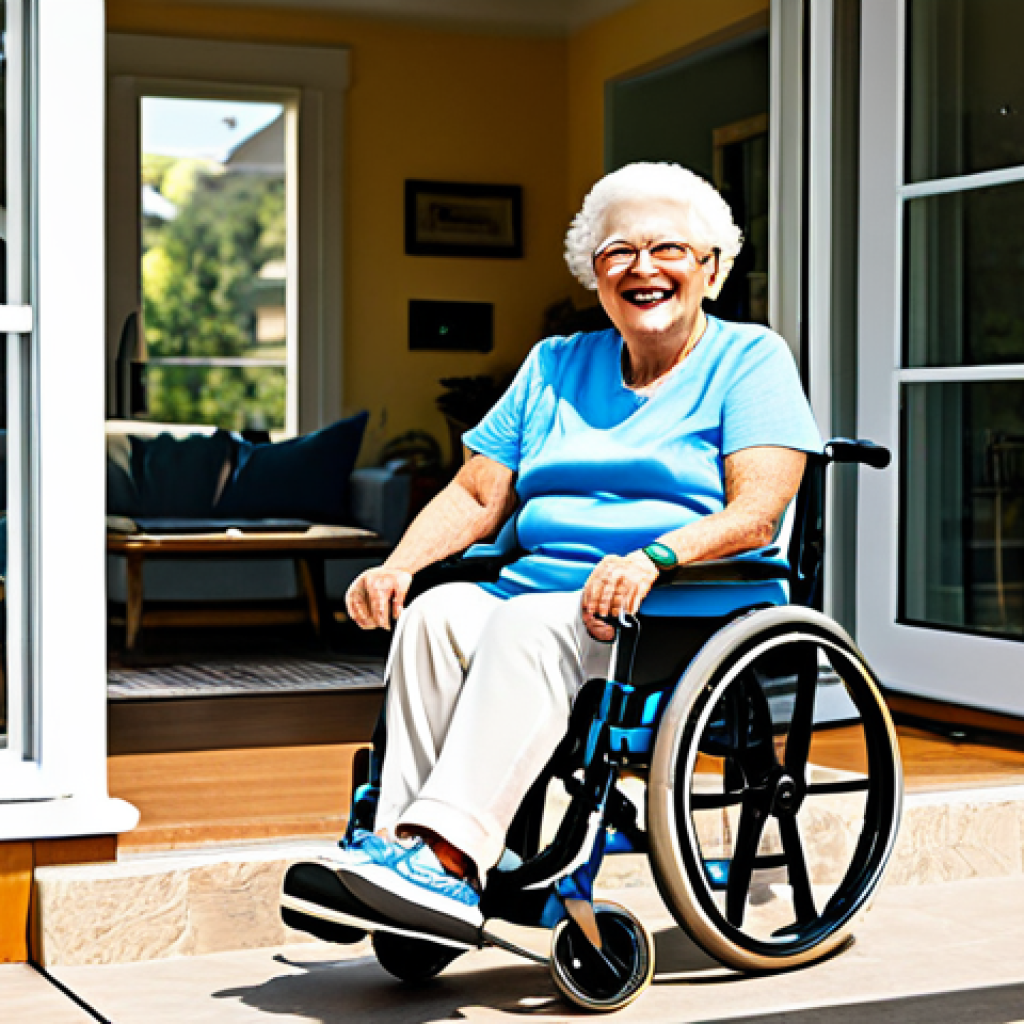 Home Adaptation for Exercise**

"A bright, well-lit living room adapted for gentle exercise, featuring a senior individual (fully clothed in comfortable athletic wear) using light resistance bands while seated in an adapted chair with armrests. A ramp is visible leading to a sunny patio. The scene emphasizes accessibility and safety. Includes supportive family member encouraging with a smile. safe for work, appropriate content, fully clothed, family-friendly, perfect anatomy, correct proportions, natural pose, professional photography, high quality, cheerful atmosphere"

**