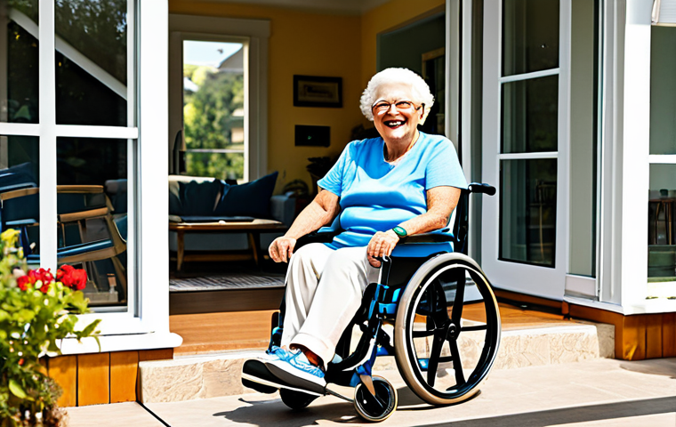 Home Adaptation for Exercise**
"A bright, well-lit living room adapted for gentle exercise, featuring a senior individual (fully clothed in comfortable athletic wear) using light resistance bands while seated in an adapted chair with armrests. A ramp is visible leading to a sunny patio. The scene emphasizes accessibility and safety. Includes supportive family member encouraging with a smile. safe for work, appropriate content, fully clothed, family-friendly, perfect anatomy, correct proportions, natural pose, professional photography, high quality, cheerful atmosphere"
**