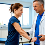 **

A senior physical therapist assisting a woman with muscular dystrophy using a modern robotic exoskeleton in a bright, well-equipped rehabilitation center. The woman is fully clothed in athletic wear, demonstrating a walking exercise. The therapist is wearing a professional lab coat. Focus on the supportive technology and the patient's determined expression. Perfect anatomy, correct proportions, well-formed hands, proper finger count, natural body proportions. Safe for work, appropriate content, fully clothed, professional, family-friendly.

**