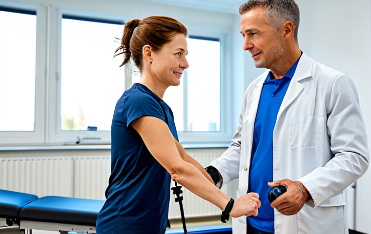 **
A senior physical therapist assisting a woman with muscular dystrophy using a modern robotic exoskeleton in a bright, well-equipped rehabilitation center. The woman is fully clothed in athletic wear, demonstrating a walking exercise. The therapist is wearing a professional lab coat. Focus on the supportive technology and the patient's determined expression. Perfect anatomy, correct proportions, well-formed hands, proper finger count, natural body proportions. Safe for work, appropriate content, fully clothed, professional, family-friendly.
**