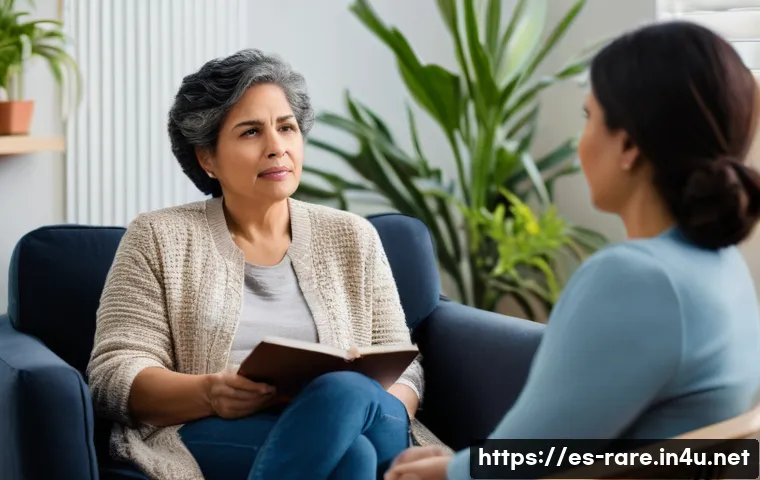 다발성 경화증 환자의 심리 지원 - A compassionate therapy session scene between a middle-aged Hispanic woman diagnosed with multiple s...