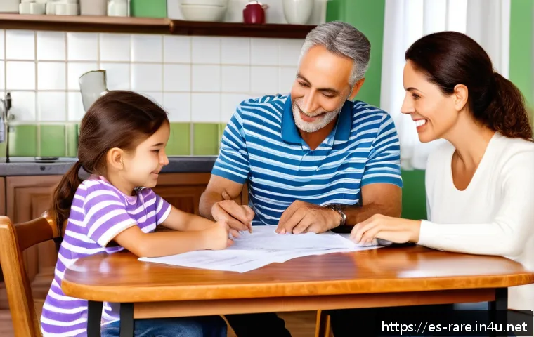 난치병 환자를 위한 보험 상품 - A caring Spanish family gathered around a dining table in a cozy, sunlit living room, discussing fin...