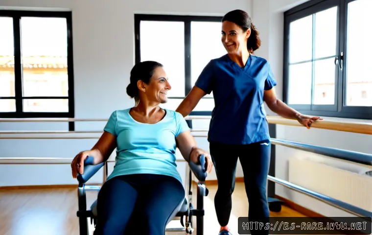 Home 17 다발성 경화증 환자의 재활 성공 사례 - Photorealistic rehabilitation success scene in a bright modern physiotherapy clinic in Spain, middle...