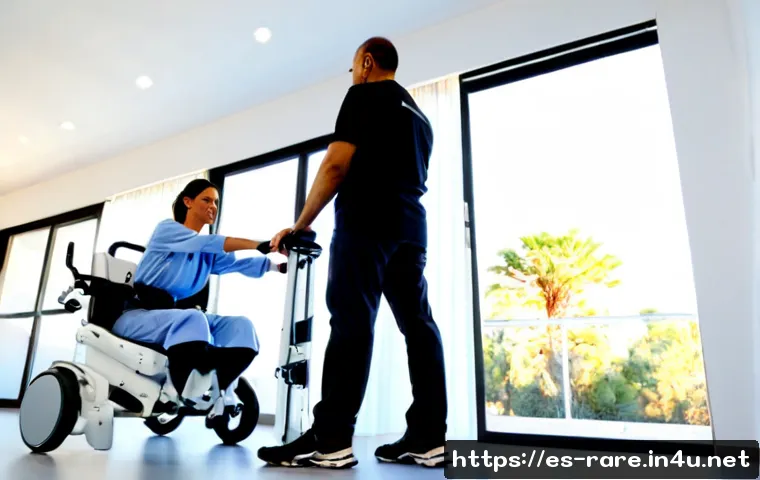 Home 17 난치성 장애 의료기술 최신 동향 - Photorealistic rehabilitation clinic in Spain, an adult patient using a sleek robotic exoskeleton wh...